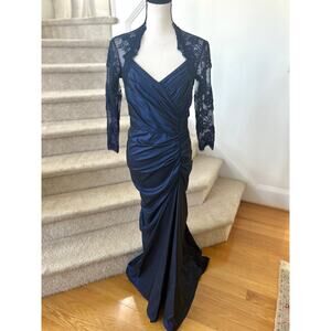 Tadashi Shoji Navy Draped Illusion Lace Sheath Gown